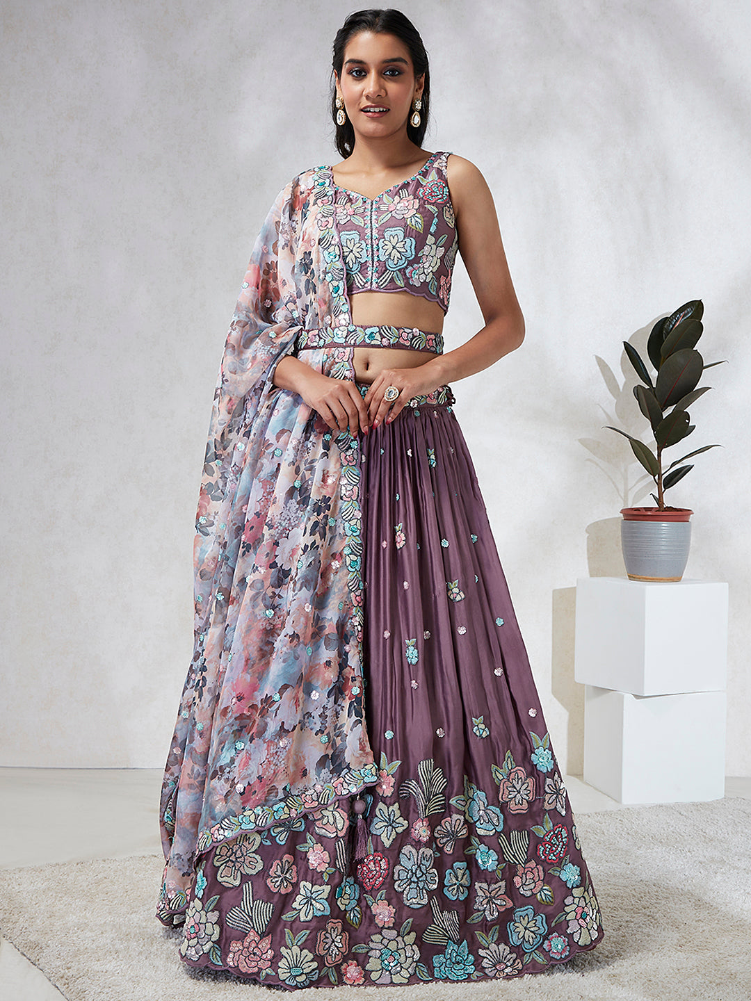 House of Panchhi Lavender Georgette Sequins And Thread Embroidery Lehenga Choli & Dupatta | Grocsy