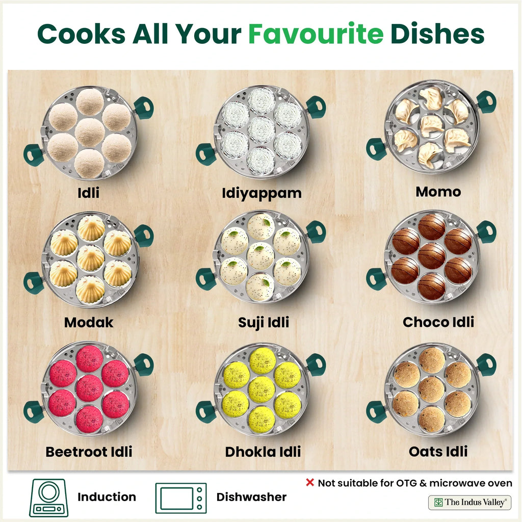 The Indus Valley 14 Pit Tri-Steel Multi Pot Premium Stainless Steel Idli/ Momo Maker/  Veg Steaming Set, Tri-ply Induction Bottom, 2 Plates, 27cm | Grocsy