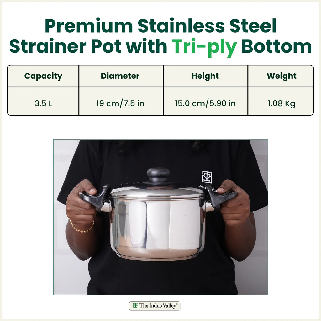 The Indus Valley Tri-steel Stainless Steel Rice Pot with Strainer Lid & Lockable Bakelite Handles, Tri-ply 3-Layer Heavy Bottom | Noodle/Pasta/Corn/Soya/Veggies Boiler Pot, Steamer Cooker, Induction & Gas, 1.08 Kg, 19cm, 3.5 L | Grocsy