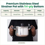 The Indus Valley Tri-steel Stainless Steel Rice Pot with Strainer Lid & Lockable Bakelite Handles, Tri-ply 3-Layer Heavy Bottom | Noodle/Pasta/Corn/Soya/Veggies Boiler Pot, Steamer Cooker, Induction & Gas, 1.08 Kg, 19cm, 3.5 L | Grocsy