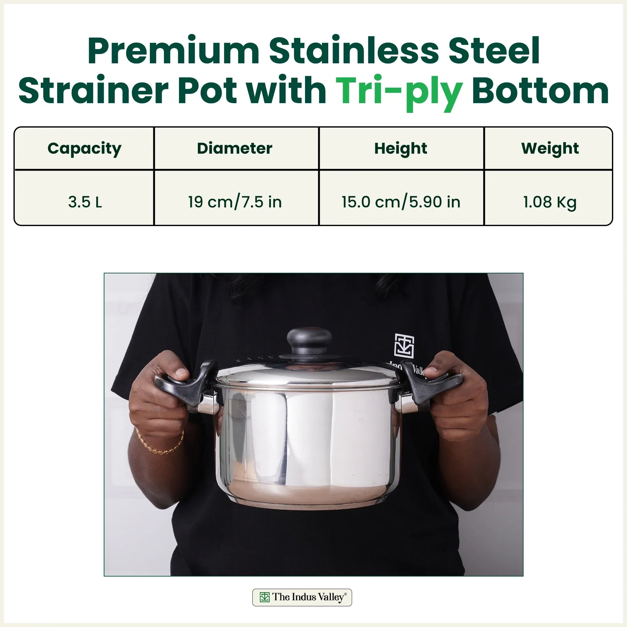 The Indus Valley Tri-steel Stainless Steel Rice Pot with Strainer Lid & Lockable Bakelite Handles, Tri-ply 3-Layer Heavy Bottom | Noodle/Pasta/Corn/Soya/Veggies Boiler Pot, Steamer Cooker, Induction & Gas, 1.08 Kg, 19cm, 3.5 L | Grocsy