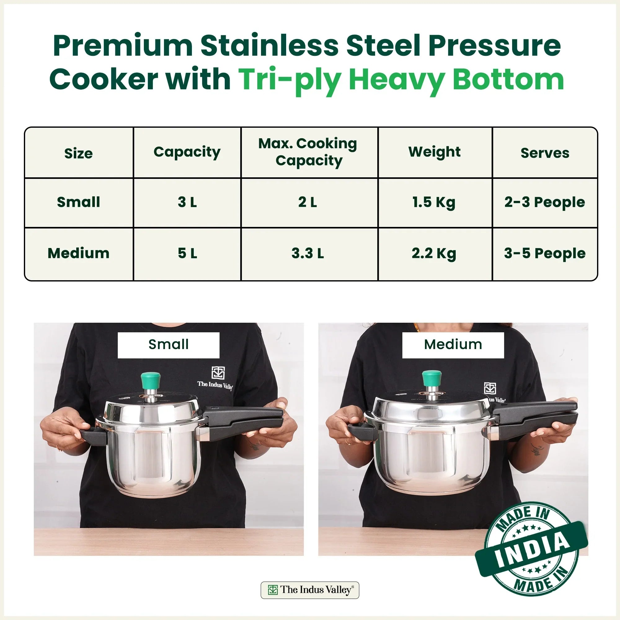 The Indus Valley QuicKooker Tri-Steel Stainless Steel Pressure Cooker, Premium Quality, 3 Layer Heavy Bottom, 100% Safe, ISI Certified, Induction & Gas, 3/5 L | Grocsy