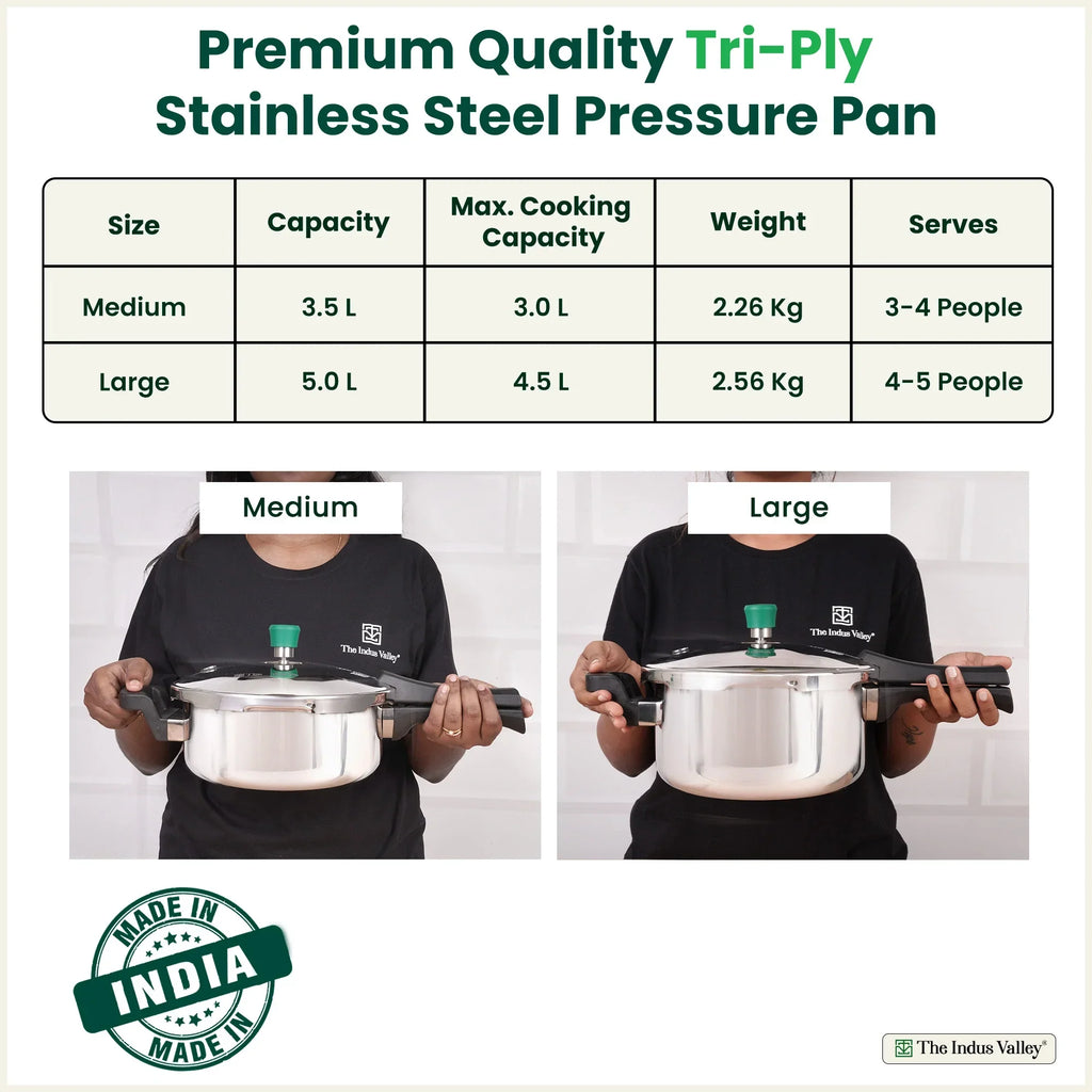 The Indus Valley Tri-ply Stainless Steel Pressure Pan, Premium Quality, 3 Layer Thick Body, Heavy Bottom, 100% Food-safe, ISI Certified, Induction & Gas, 3.5/5L | Grocsy