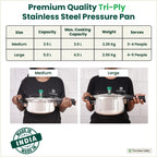 The Indus Valley Tri-ply Stainless Steel Pressure Pan, Premium Quality, 3 Layer Thick Body, Heavy Bottom, 100% Food-safe, ISI Certified, Induction & Gas, 3.5/5L | Grocsy