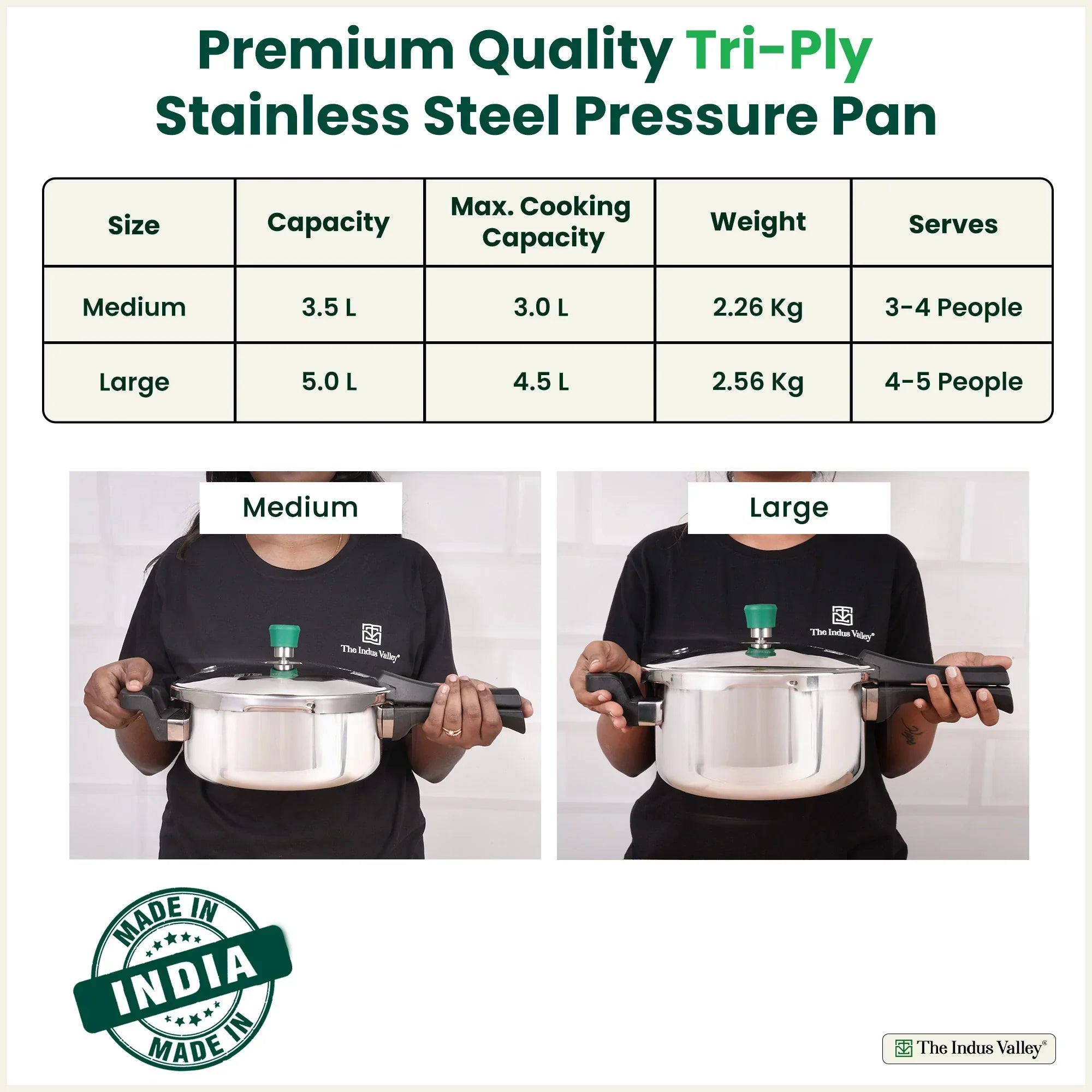 The Indus Valley Tri-ply Stainless Steel Pressure Pan, Premium Quality, 3 Layer Thick Body, Heavy Bottom, 100% Food-safe, ISI Certified, Induction & Gas, 3.5/5L | Grocsy