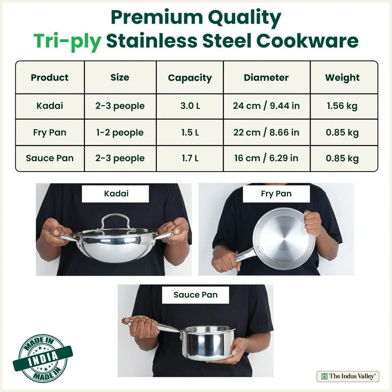 The Indus Valley TurboCuk Tri-ply Stainless Steel Cookware Set: 24cm Kadai with Lid + 22cm Fry Pan + 16cm Sauce pan, Premium Quality, 3 Layer Thick Body, 100% Toxin-free, Non-stick, Induction & Gas | Grocsy