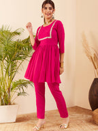 InWeave Women's Fuchsia Round Neck Square Gota Work Kurta Pant Set | Grocsy