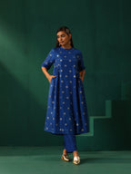 trueBrowns Royal Blue Geometric Floral Viscose Silk Side Gathered Kurta Pant Set | Grocsy