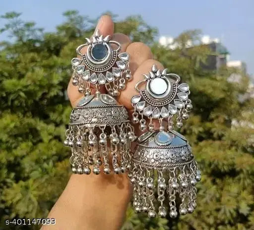 Tehzeeb Creations Women's Silver Colour Oxidised Earrings With Kundan And Mirror Work | Grocsy
