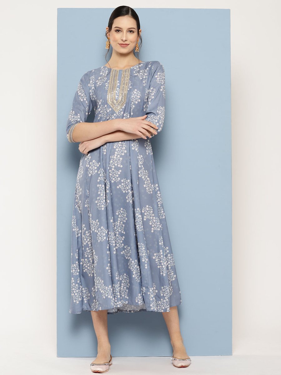 Ahalyaa Floral Printed Midi A-Line Ethnic Dress | Grocsy