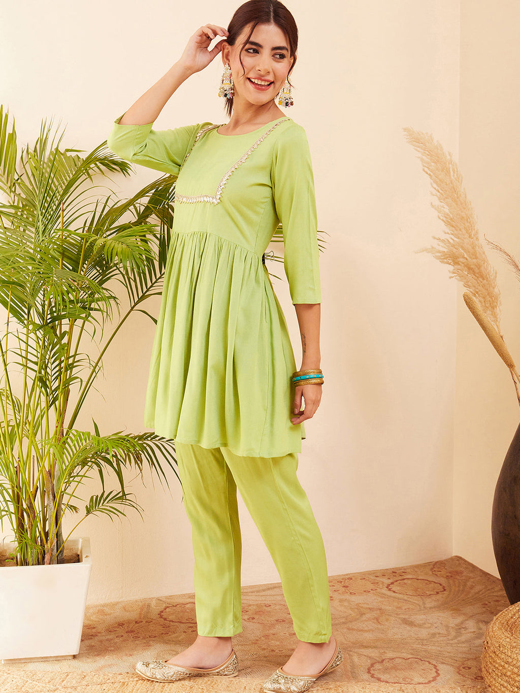 InWeave Women's Pear Green Round Neck Square Gota Work Kurta Pant Set | Grocsy