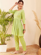 InWeave Women's Pear Green Round Neck Square Gota Work Kurta Pant Set | Grocsy