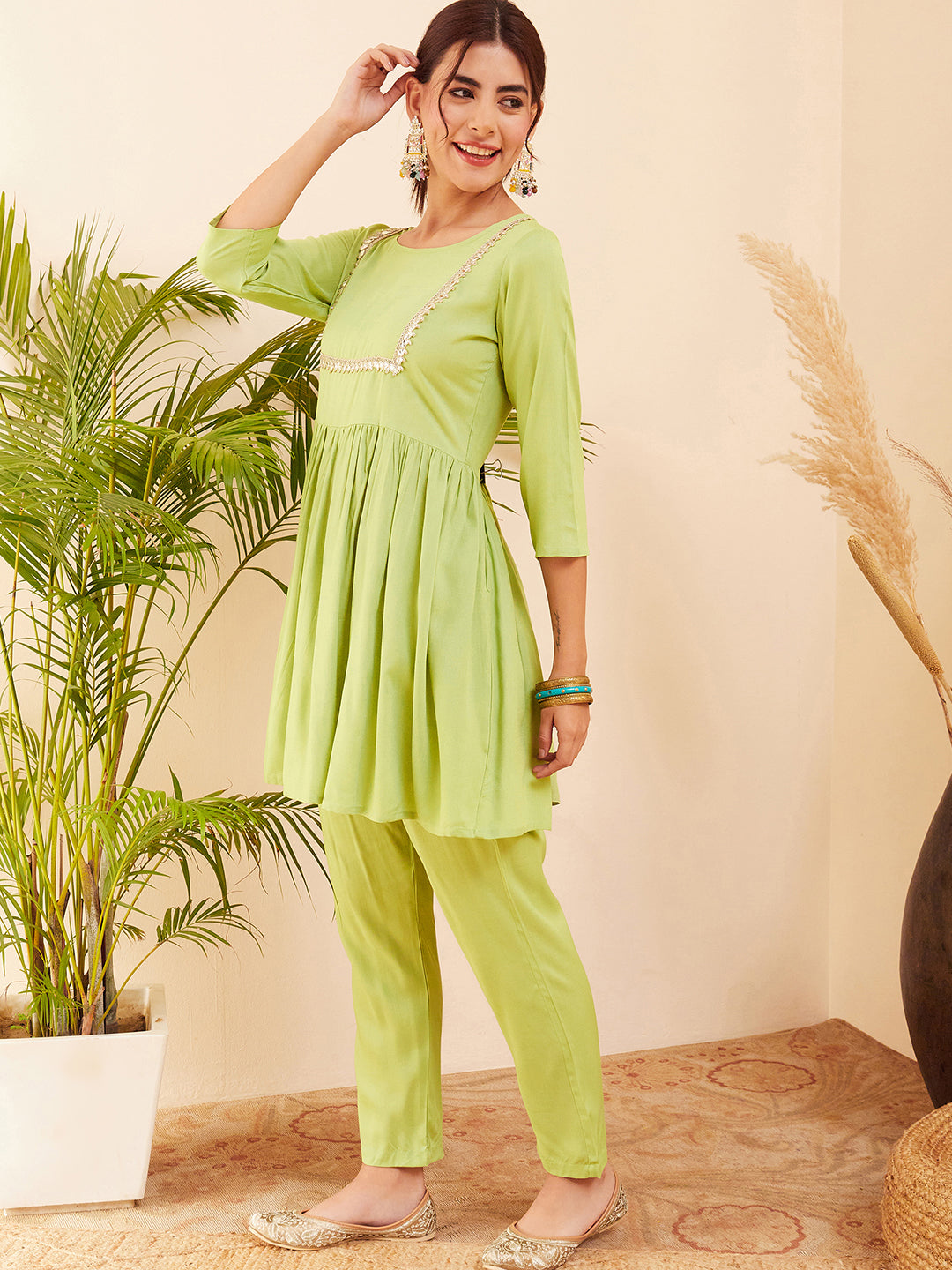 InWeave Women's Pear Green Round Neck Square Gota Work Kurta Pant Set | Grocsy