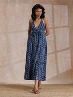 trueBrowns Indigo Dabu Floral Print Cotton Sleeveless Dress | Grocsy