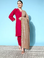 InWeave Women's Fuschia Velvet Kurta Set With Grey Gold Georgette Dupatta | Grocsy
