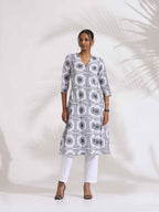 trueBrowns White Cotton Geometric Print Angrakha Kurta Set | Grocsy
