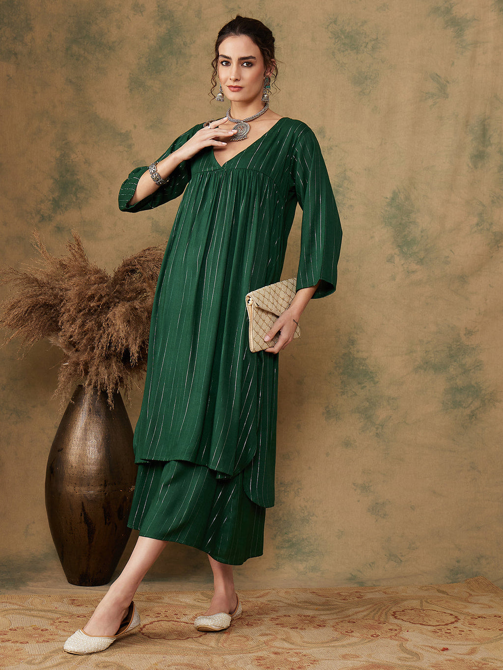 InWeave Women's Pine Green Lurex Flared V Neck Kurta Palazzo Set | Grocsy