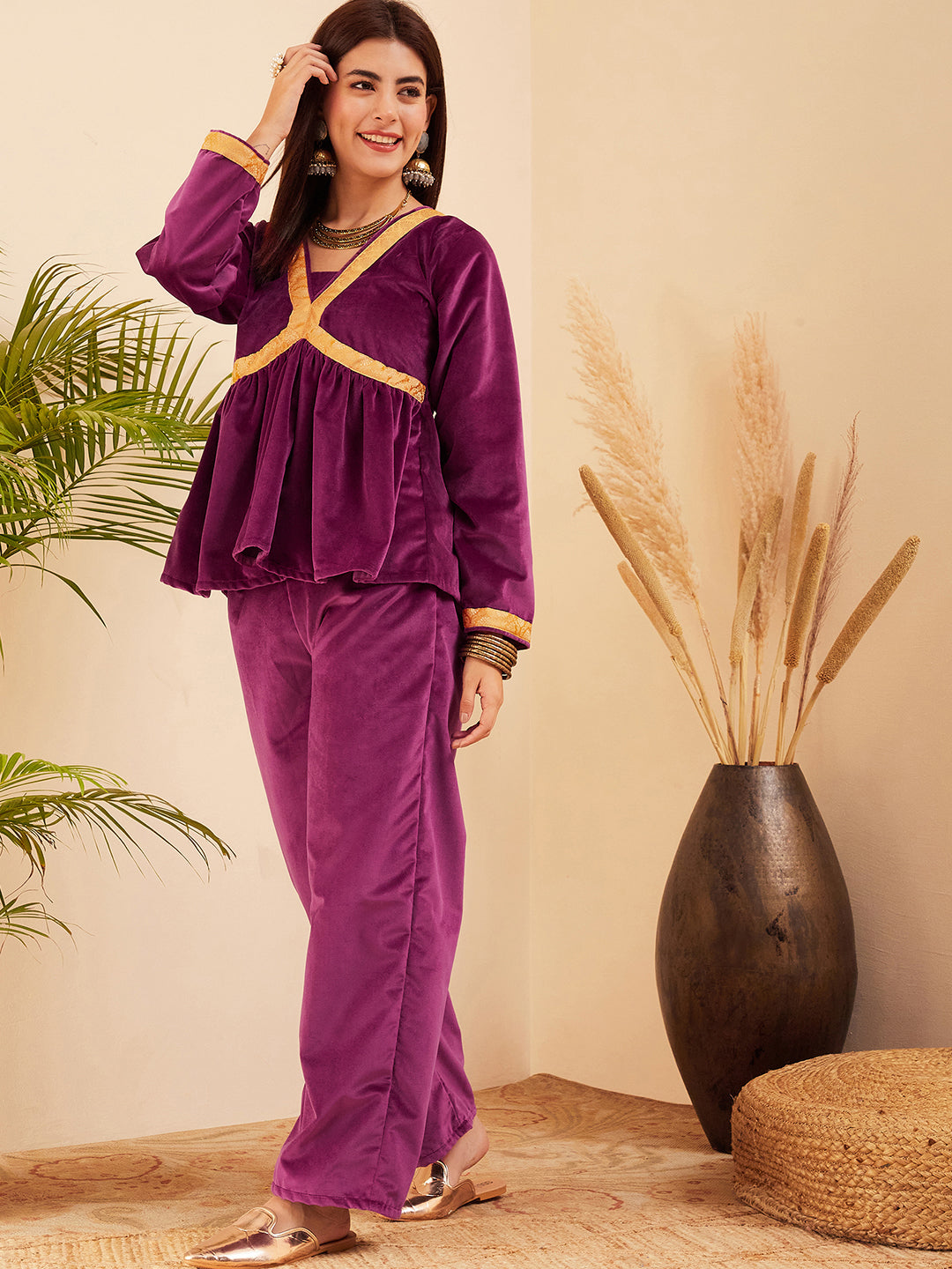 InWeave Women's Wine Mughal Shaan Style Velvet Short Kurta Set | Grocsy
