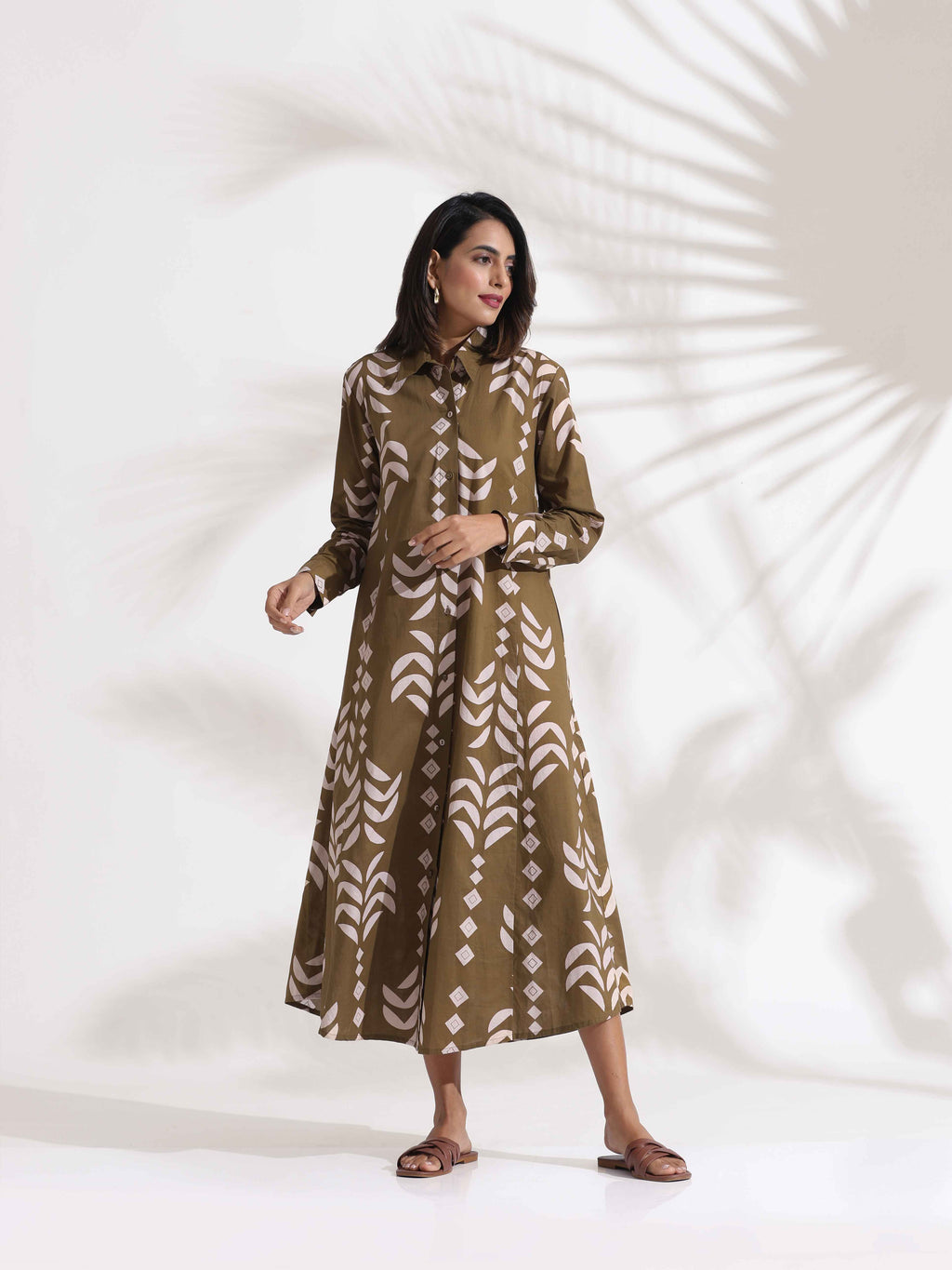 trueBrowns Olive Green Cotton Print Shirt Dress | Grocsy