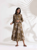 trueBrowns Olive Green Cotton Print Shirt Dress | Grocsy