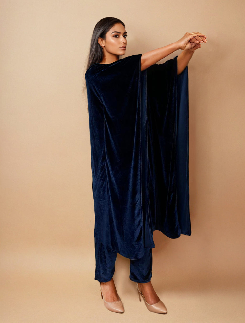 trueBrowns Navy Blue Velvet Embroidered Kaftan Kurta Set | Grocsy