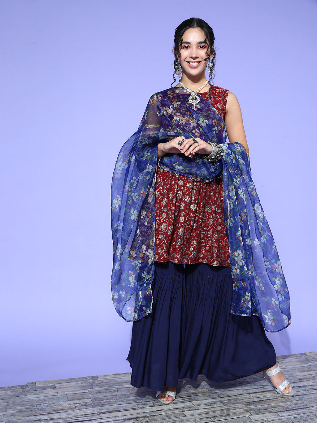 InWeave Women's Burgundy Printed Kurta Sharara Set With Blue Organza Dupatta | Grocsy