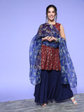 InWeave Women's Burgundy Printed Kurta Sharara Set With Blue Organza Dupatta | Grocsy