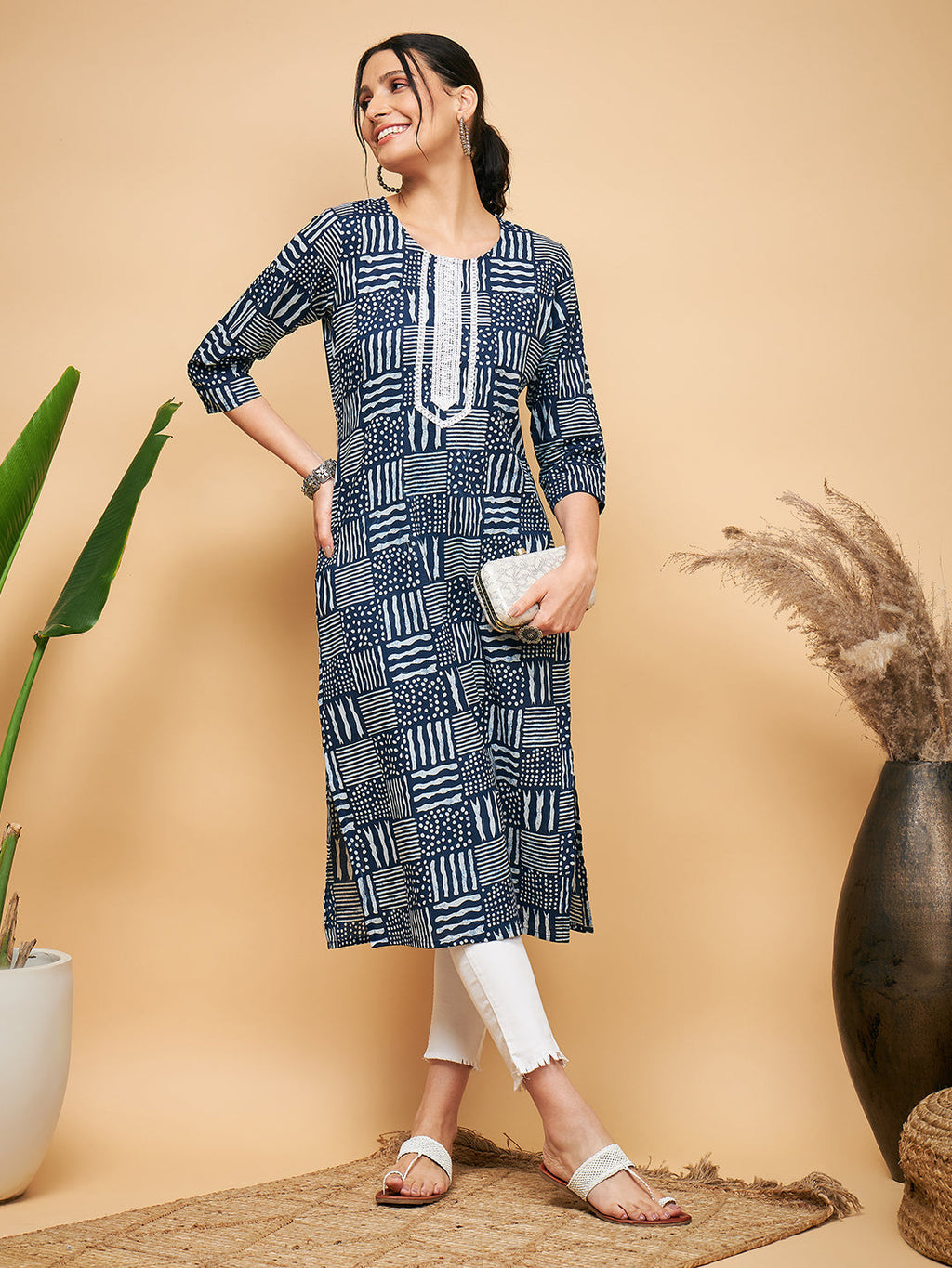 InWeave Women's Ankola Indigo With Tiles Hand Block Print Lace Straight Kurta | Grocsy
