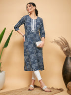 InWeave Women's Ankola Indigo With Tiles Hand Block Print Lace Straight Kurta | Grocsy