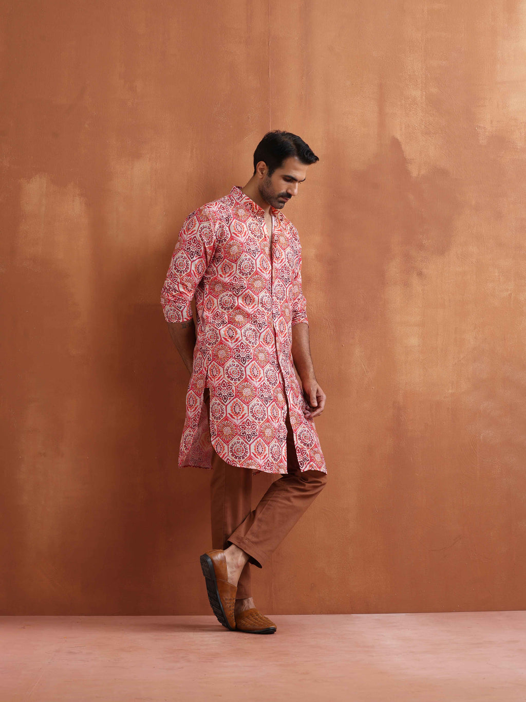 trueBrowns Men's Beige Printed Front Open Kurta | Grocsy