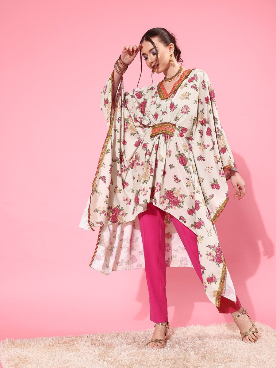 Ahalyaa Women Floral Printed Flared Sleeves Thread Work Crepe Kaftan Kurta | Grocsy
