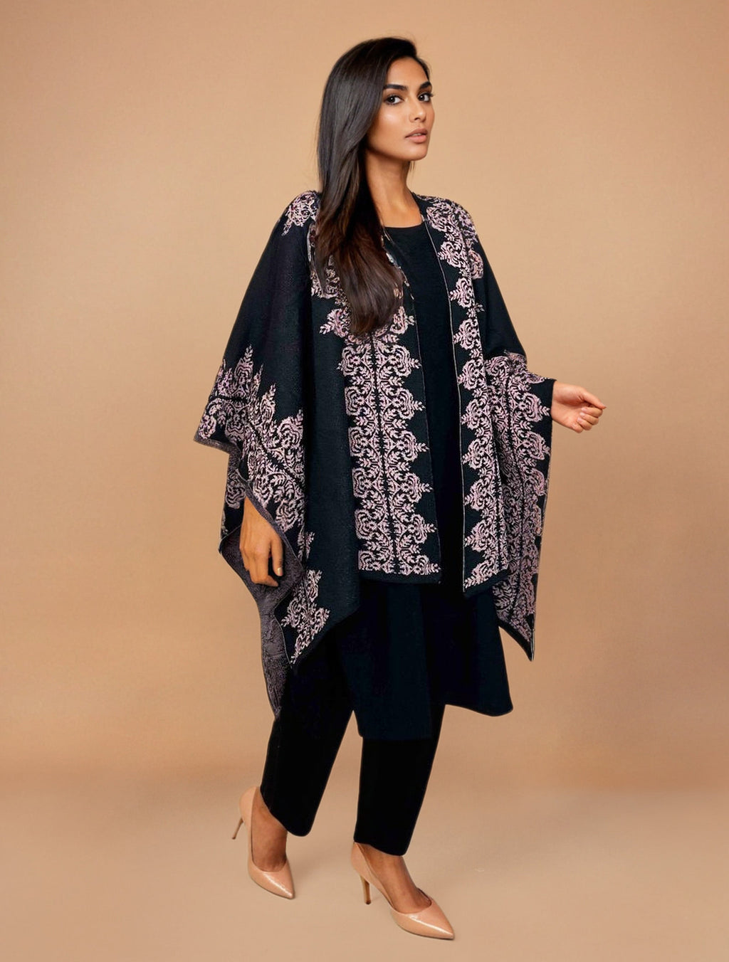 trueBrowns Black Woollen Pink Jacquard Kaftan Cape | Grocsy