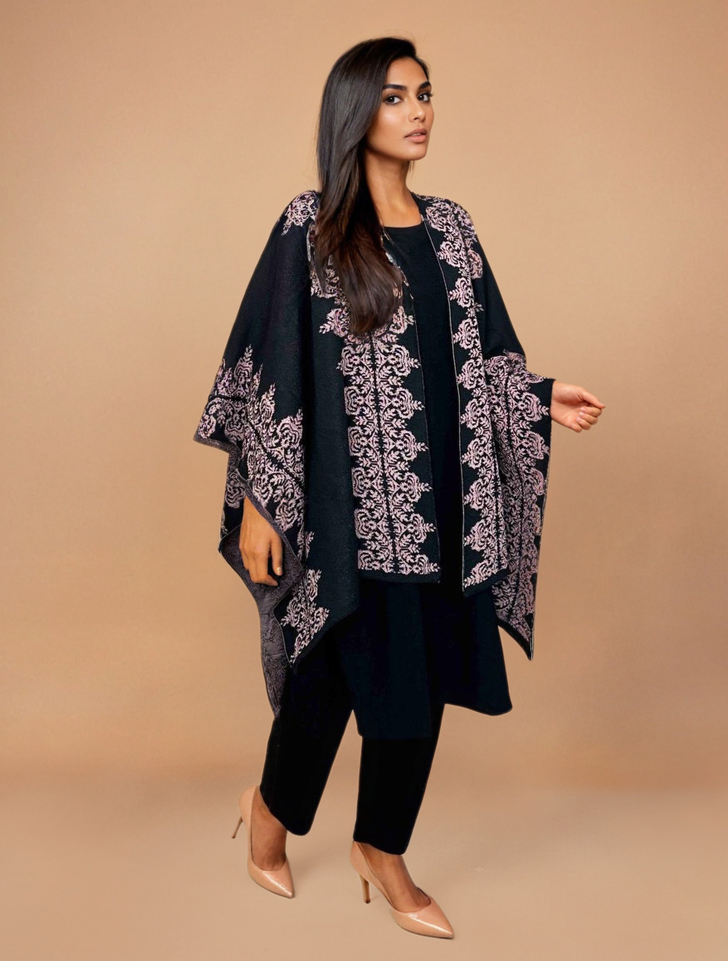 trueBrowns Black Woollen Pink Jacquard Kaftan Cape | Grocsy