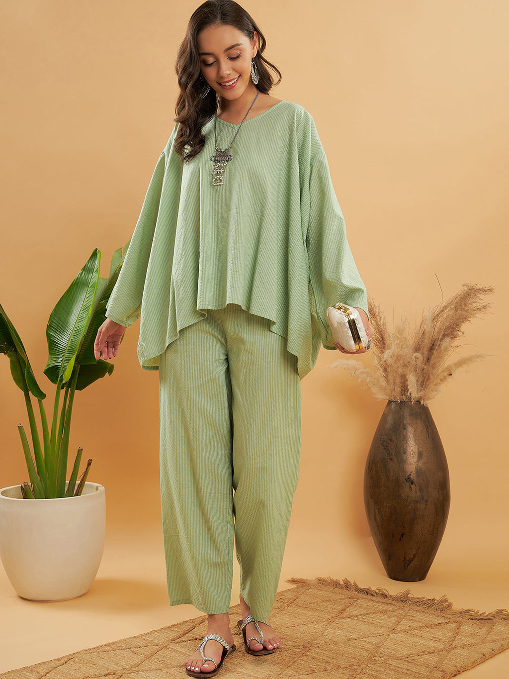 InWeave Women's Sage Green Kantha Boho Full Sleeve Coord Set | Grocsy