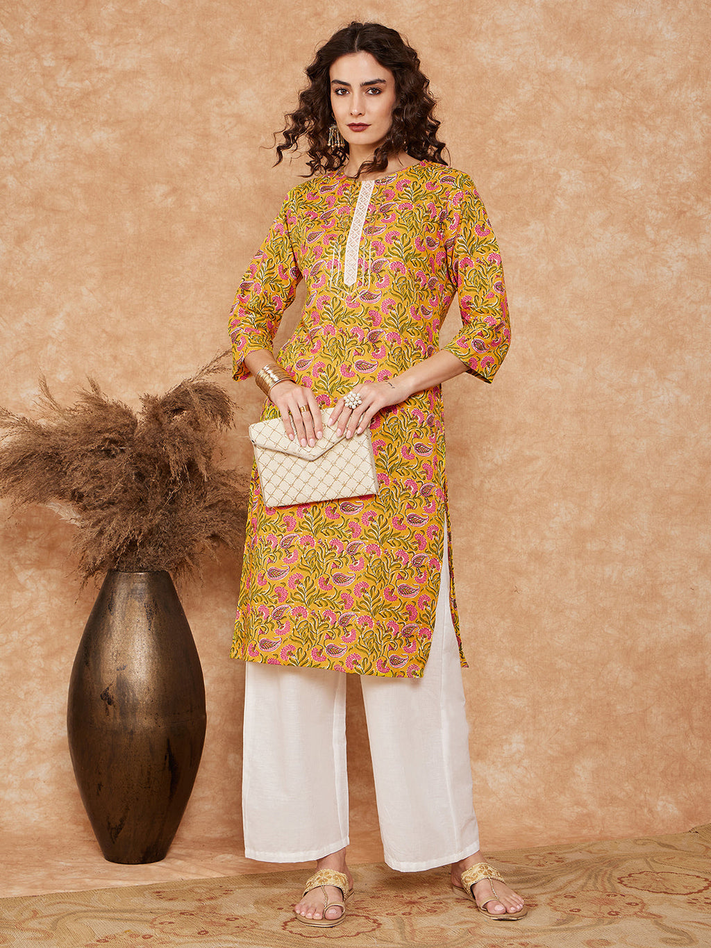 InWeave Women's Mustard Green Lace Gota Work Straight Kurta | Grocsy