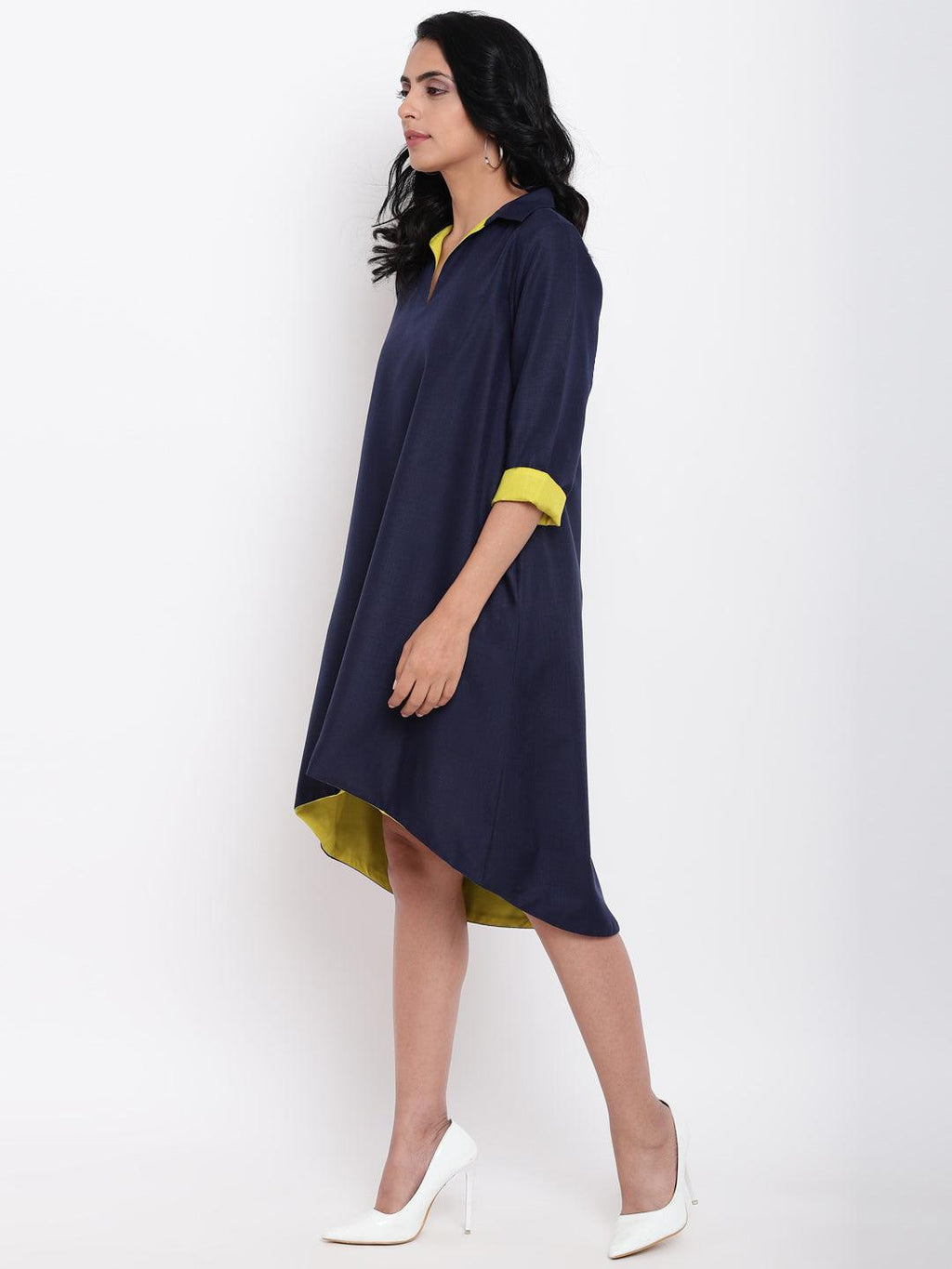 trueBrowns Linen Cotton Blue Collared Dress | Grocsy
