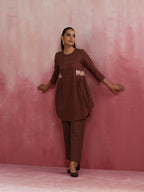 trueBrowns Brown Cotton Dobby Kurta Co-ord set | Grocsy