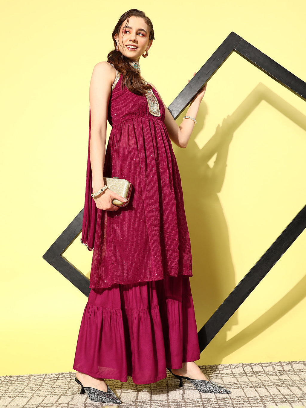 InWeave Women's Maroon Gota Insert Neckline Sharara Set | Grocsy