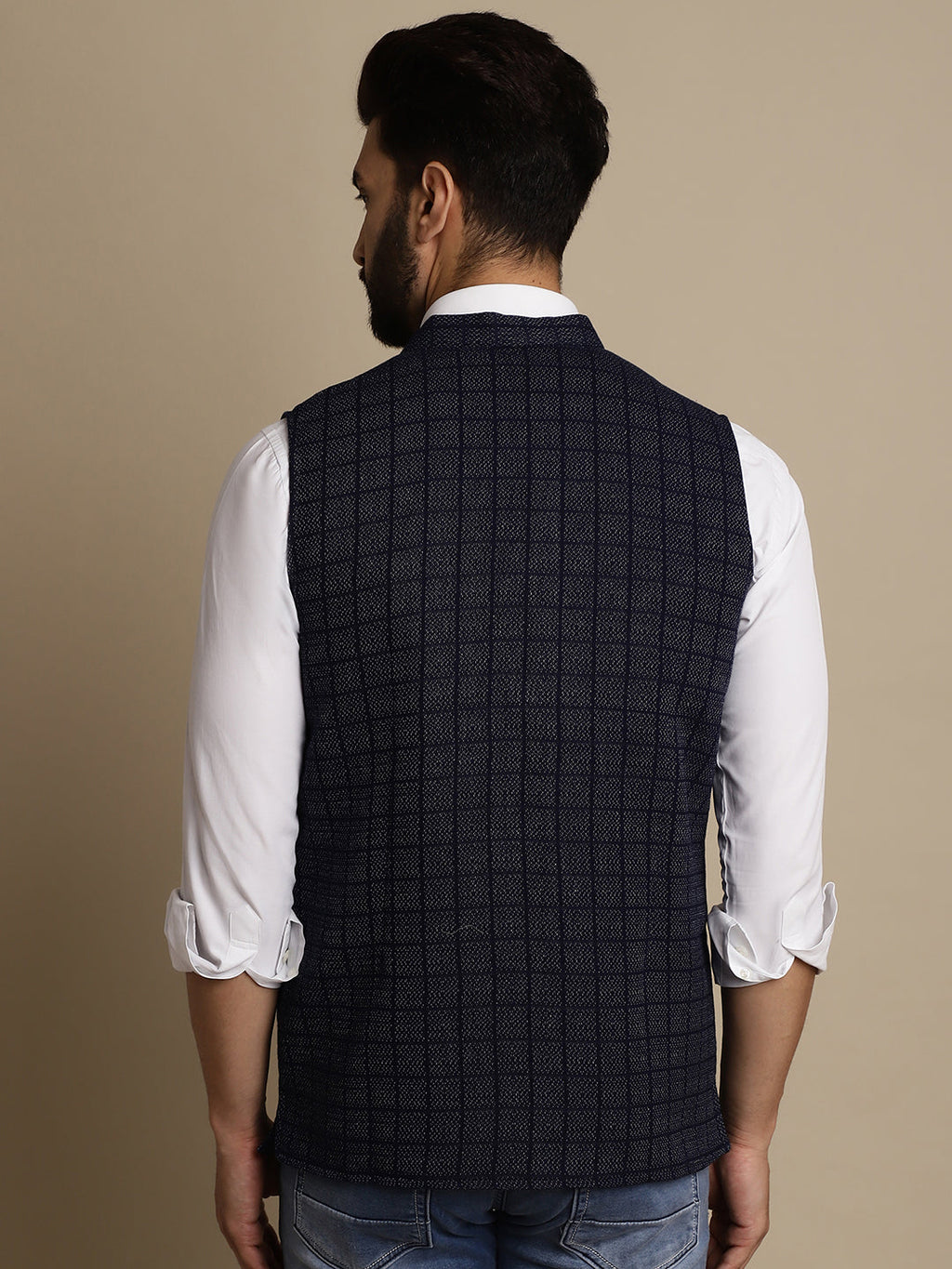Even Apparels Men's Blue Mandarin Collar Waistcoat | Grocsy