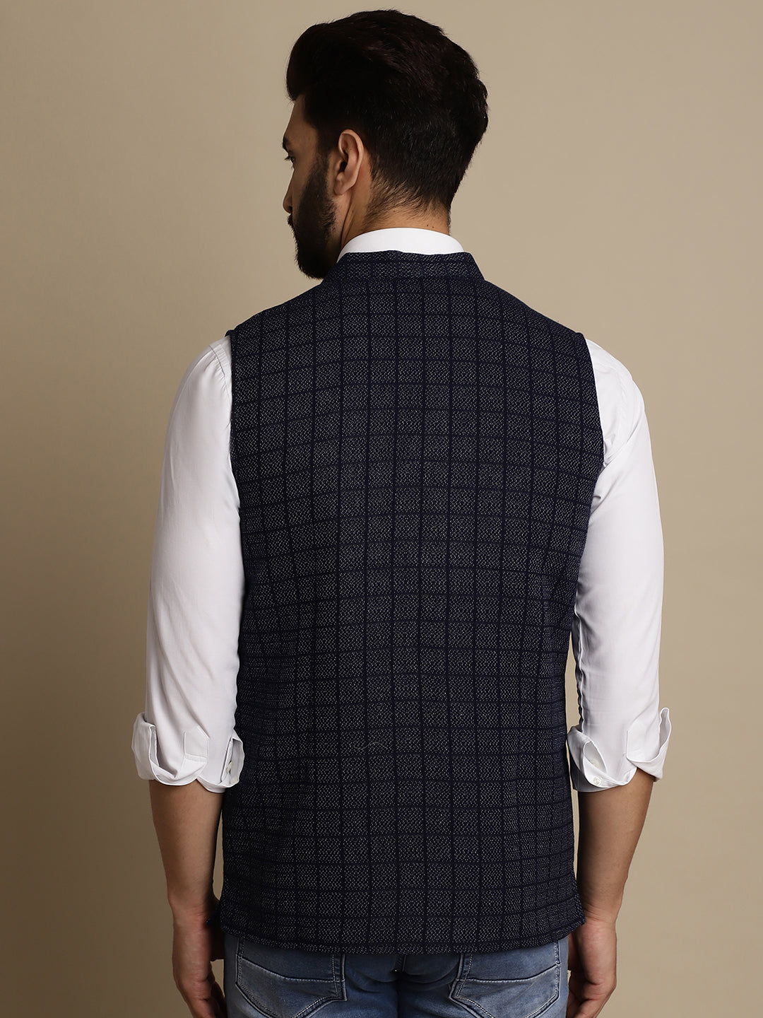 Even Apparels Men's Blue Mandarin Collar Waistcoat | Grocsy