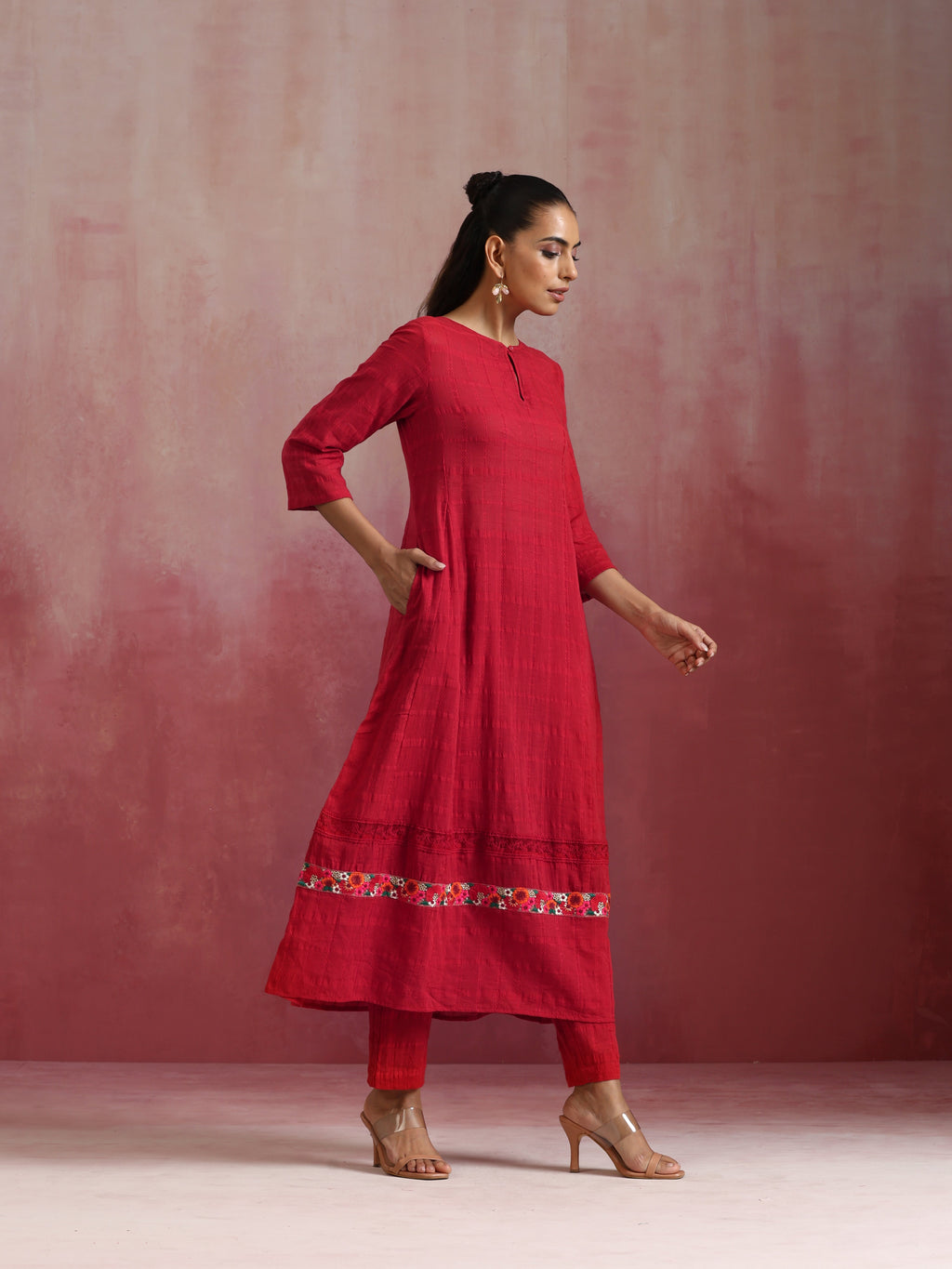 trueBrowns Red Cotton Dobby Flared Kurta Set | Grocsy
