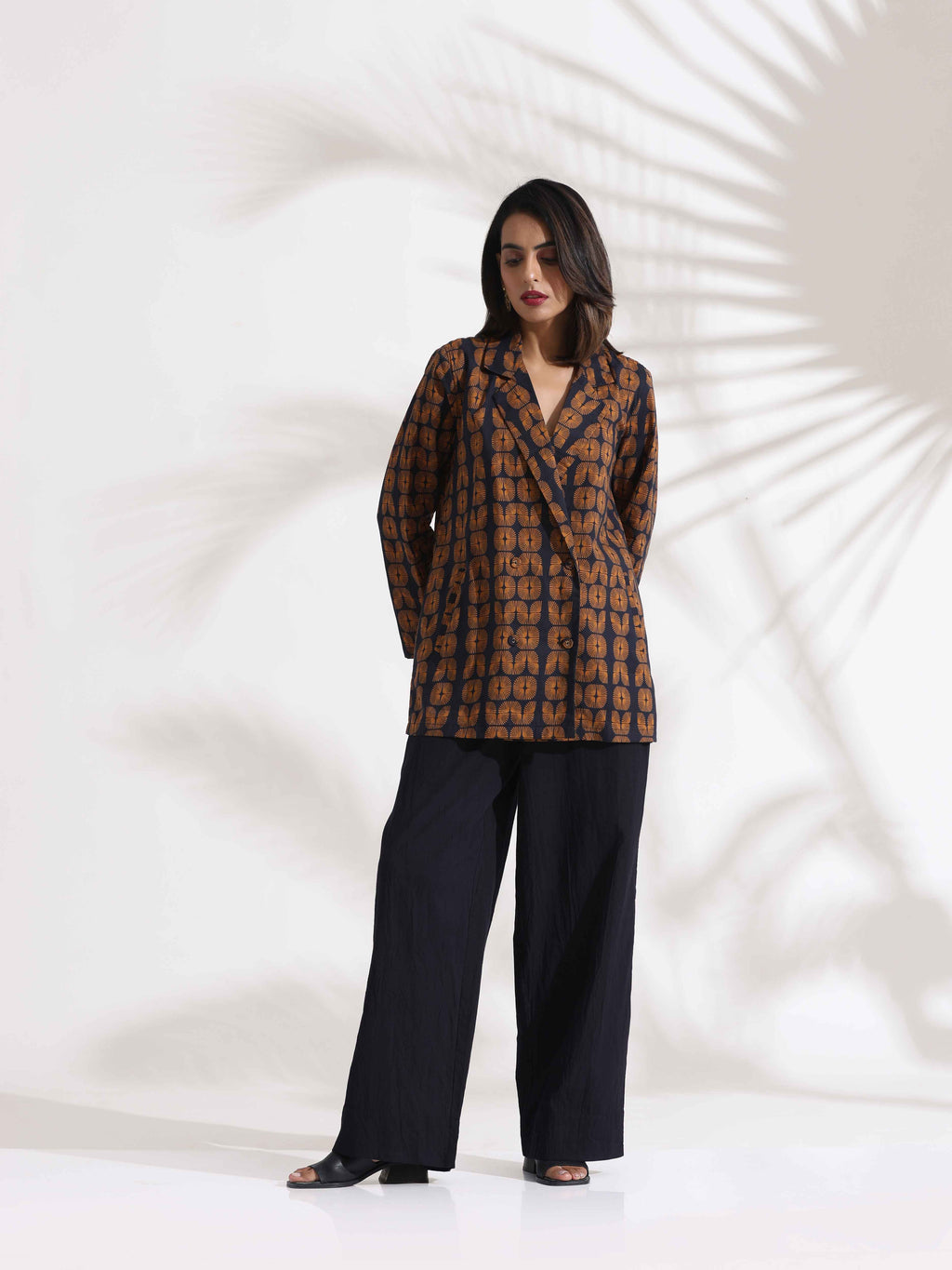 trueBrowns Black Cotton Print Jacket Top Co-ord Set | Grocsy