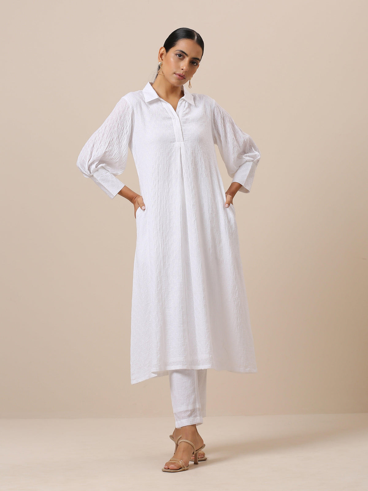 trueBrowns Cotton White Weave Collar Kurta Pant Set | Relove | Grocsy