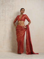 trueBrowns Maroon Gold Metallic Ready To Wear Plus Size Saree | Grocsy