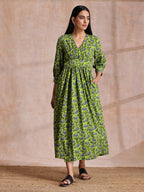 trueBrowns Lime Green Overall Blue Floral Block Print Cotton Wrap Dress | Grocsy