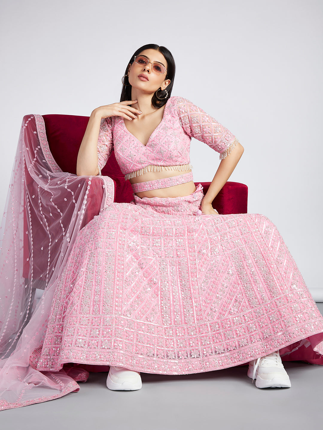 House of Panchhi Pink Net Sequins, Zarkan And Thread Embroidery Lehenga Choli & Dupatta | Grocsy