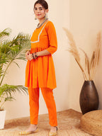 InWeave Women's Orange Round Neck Square Gota Work Kurta Pant Set | Grocsy