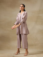 trueBrowns Grey Textured Silk Neck Pleat Co-Ord Set | Grocsy
