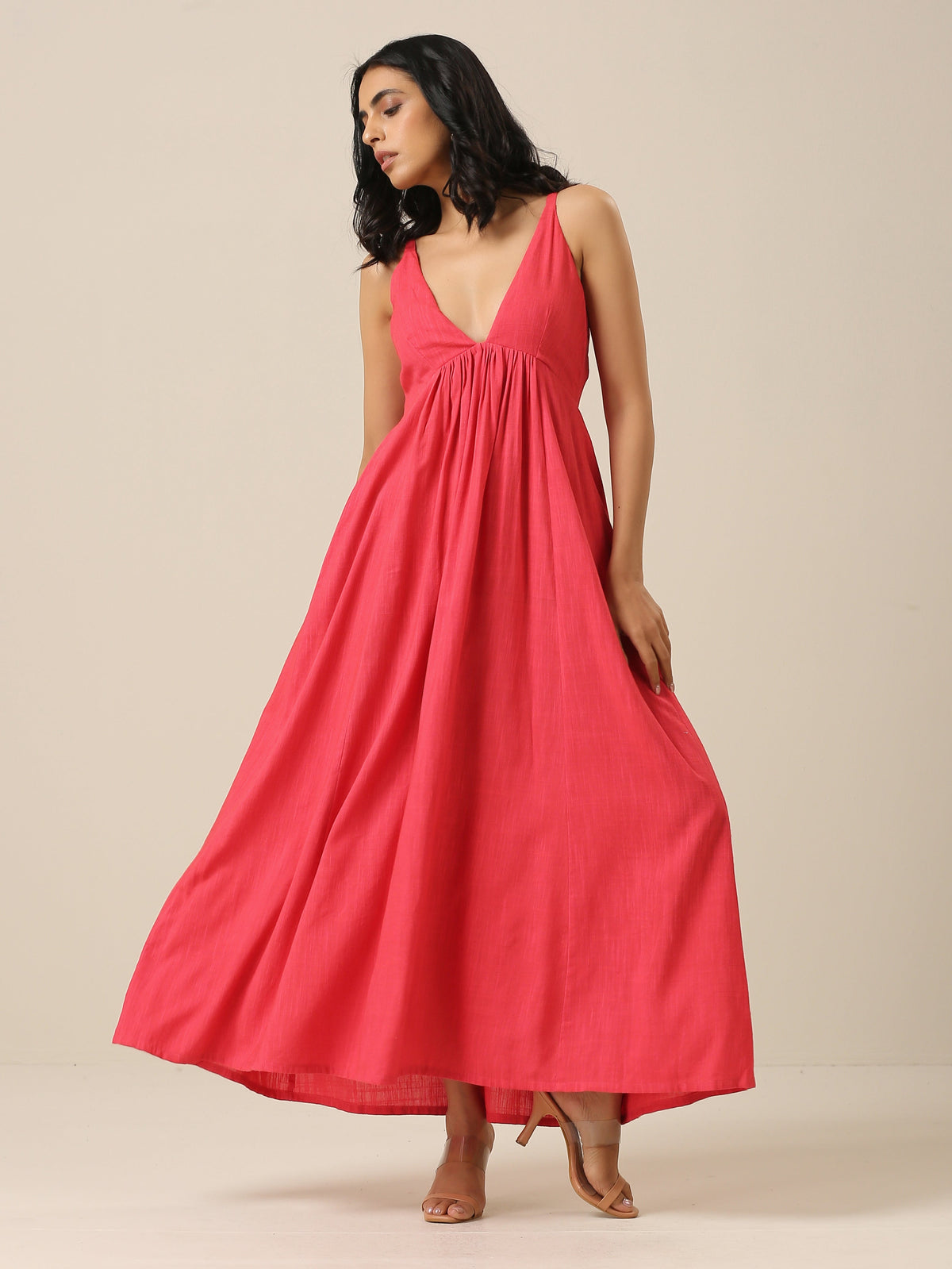 trueBrowns Bright Pink Slub Texture Sleeveless Dress | Grocsy