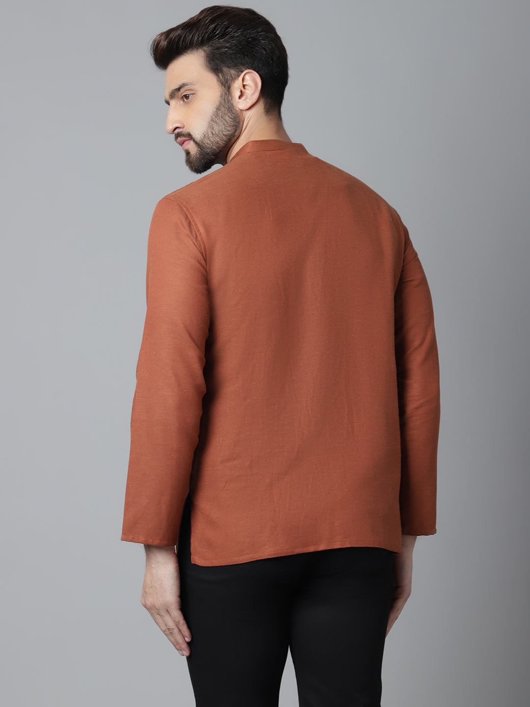 Even Apparels Rust Pure Cotton Kurta With Band Collar | Grocsy